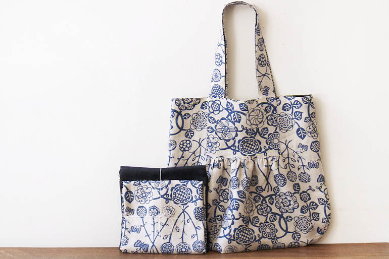  四角いヨークのトートバックセットのばな Flax×ブルー